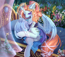 Size: 4200x3696 | Tagged: artist needed, source needed, safe, derpibooru import, oc, oc only, oc:p.p.a, pony, unicorn, chest fluff, clothes, crown, cute, dress, high res, jewelry, looking at you, regalia, smiling, socks, solo, thigh highs