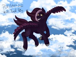 Size: 4000x3000 | Tagged: safe, artist:loopina, derpibooru import, oc, oc:purple rain, fly, insect, pegasus, male, pocctober, simple background, sky, smiling, solo, stallion