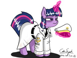 Size: 6000x4500 | Tagged: safe, artist:cdrspark, derpibooru import, twilight sparkle, unicorn twilight, pony, unicorn, bags under eyes, cap, clothes, female, hat, magic, mare, military uniform, necktie, simple background, sleepy, solo, telekinesis, tired, u.d.c.e., uniform, white background