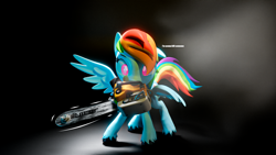 Size: 1920x1080 | Tagged: safe, artist:featray, derpibooru import, rainbow dash, pegasus, pony, 3d, blender, blender cycles, chainsaw, female, looking at you, mare, simple background, solo