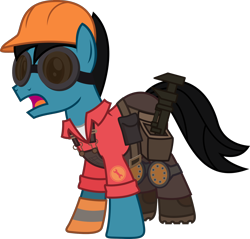 Size: 1656x1580 | Tagged: safe, artist:sketchmcreations, derpibooru import, oc, oc:sketch mythos, earth pony, pony, belt, boots, clothes, cosplay, costume, engineer, frown, gloves, goggles, hard hat, hat, male, nightmare night, open mouth, overalls, shoes, simple background, stallion, team fortress 2, transparent background, vector, wrench