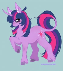 Size: 2200x2500 | Tagged: safe, alternate version, artist:moonshade907, derpibooru import, twilight sparkle, unicorn twilight, classical unicorn, pony, unicorn, blushing, chest fluff, cloven hooves, colored ear fluff, colored hooves, curved horn, ear fluff, ears, eye clipping through hair, female, film grain, horn, leonine tail, long tail, looking at you, mare, raised hoof, raised leg, simple background, smiling, smiling at you, solo, standing, tail, teal background, three quarter view, unshorn fetlocks