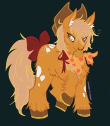 Size: 2200x2500 | Tagged: safe, artist:moonshade907, derpibooru import, applejack, earth pony, pony, alternate design, applejack's hat, bandana, bow, chest fluff, clothes, cloven hooves, coat markings, colored ear fluff, cowboy hat, ear fluff, ears, eye clipping through hair, female, film grain, fluffy, freckles, hair bow, hat, horseshoes, leg fluff, mare, missing cutie mark, neckerchief, nose piercing, nose ring, piercing, pinto, solo, straw in mouth, tail, tail bow, unshorn fetlocks, walking
