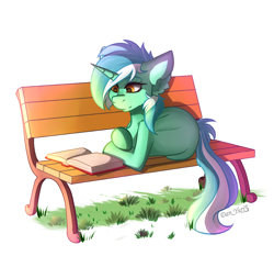 Size: 1400x1305 | Tagged: safe, artist:yuris, derpibooru exclusive, derpibooru import, lyra heartstrings, pony, unicorn, bench, book, cute, ear fluff, ears, ears back, female, lying down, mare, reading, simple background, smiling, solo, white background