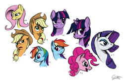 Size: 1150x750 | Tagged: safe, artist:psychodikdik, derpibooru import, applejack, fluttershy, pinkie pie, rainbow dash, rarity, twilight sparkle, pony, bust, colored sketch, expressions, mane six, simple background, sketch, white background