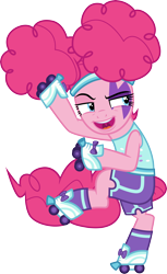 Size: 3000x4909 | Tagged: safe, artist:cloudyglow, derpibooru import, pinkie pie, earth pony, pony, scare master, absurd resolution, clothes, costume, face paint, female, mare, nightmare night costume, open mouth, pinkie puffs, roller skates, simple background, solo, transparent background, vector