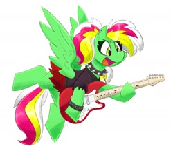 Size: 2000x1778 | Tagged: safe, artist:flutterthrash, derpibooru import, oc, oc only, pegasus, pony, choker, electric guitar, flying, guitar, musical instrument, open mouth, open smile, simple background, smiling, solo, spiked choker, spiked wristband, spread wings, white background, wings, wristband