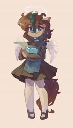 Size: 2327x4096 | Tagged: safe, artist:saxopi, derpibooru import, oc, oc only, angel, kirin, semi-anthro, apron, beige background, blue eyes, book, clothes, colored horn, cute, eyebrows, eyebrows visible through hair, feather, female, forked horn, halo, high res, hoof hold, hoof shoes, horn, jewelry, kirin oc, looking at you, necklace, ocbetes, pearl necklace, scales, simple background, skirt, smiling, smiling at you, solo, stockings, thigh highs, wings, writing