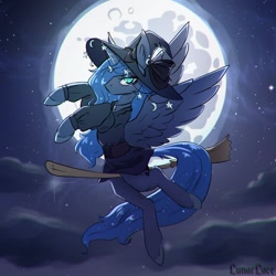 Size: 1200x1200 | Tagged: safe, artist:lunarlacepony, derpibooru import, princess luna, alicorn, pony, broom, clothes, female, flying, flying broomstick, halloween, hat, holiday, jewelry, mare, moon, necklace, night, solo, stars, witch hat