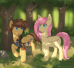 Size: 2420x2222 | Tagged: safe, artist:generalecchi, derpibooru import, fluttershy, pegasus, pony, dappled sunlight, forest background, kingdom hearts, sora, walking