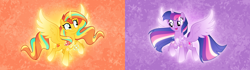 Size: 4000x1125 | Tagged: safe, artist:orin331, derpibooru import, sunset shimmer, twilight sparkle, twilight sparkle (alicorn), alicorn, pony, alicornified, duo, duo female, female, floating, flowing mane, looking at each other, looking at someone, magic, race swap, rainbow power, rainbow power-ified, raised hoof, raised leg, redesign, shimmercorn