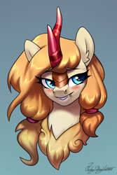 Size: 2000x3000 | Tagged: safe, artist:jedayskayvoker, derpibooru import, oc, oc:mari gold, kirin, pony, blushing, bust, cute, ear fluff, ears, eyelashes, femboy, high res, icon, male, patreon, patreon reward, piercing, ponytail, portrait, smiling, solo