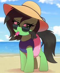 Size: 1200x1440 | Tagged: safe, artist:thebatfang, ponerpics import, oc, oc only, oc:anon filly, earth pony, pony, beach, beach hat, clothes, female, filly, foal, food, frown, inner tube, looking at you, mouth hold, one-piece swimsuit, popsicle, solo, sunglasses, swimsuit