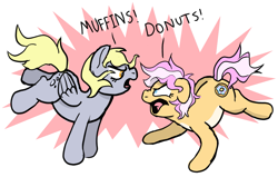 Size: 2853x1815 | Tagged: safe, artist:doodledonutart, derpibooru import, derpy hooves, oc, oc:doodledonut, earth pony, pony, angry, argument, duo, earth pony oc, female, muffin, that pony sure does love muffins