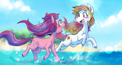 Size: 2000x1074 | Tagged: safe, artist:themagicbrew, derpibooru import, skywishes, sunny daze (g3), earth pony, pony, g3, beach, blushing, cloud, colored hooves, duo, female, happy, looking at each other, looking at someone, mare, ocean, open mouth, open smile, running, sky, smiling, smiling at each other, splash, tail, water, windswept mane, windswept tail