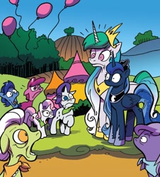 Size: 746x824 | Tagged: safe, artist:andypriceart, derpibooru import, idw, granny smith, princess celestia, princess luna, rarity, sweetie belle, alicorn, earth pony, pony, unicorn, friends forever, g4, spoiler:comic, emanata, faic, female, filly, foal, group, jaw drop, mare, royal sisters, siblings, sisters, unnamed character, unnamed pony