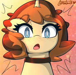 Size: 1007x998 | Tagged: safe, artist:llametsul, derpibooru import, oc, oc:creme cookie, pony, unicorn, blushing, choker, cute, looking at you, open mouth, signature, simple background, solo, surprised, white pupils