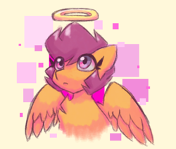 Size: 1000x846 | Tagged: safe, artist:synnibear03, derpibooru import, scootaloo, pegasus, pony, abstract background, bust, female, halo, portrait, solo