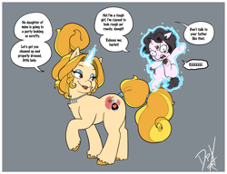 Size: 4218x3247 | Tagged: safe, artist:darkpandax, derpibooru import, oc, oc only, unicorn, angry, crossdressing, daughter, dirty, father, father and child, father and daughter, female, filly, foal, girly, glowing, glowing horn, horn, jewelry, magic, makeup, male, necklace, parent and child, reeee, stallion, tail, telekinesis, tomboy, two toned mane, two toned tail