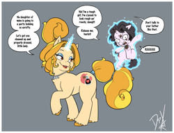 Size: 4218x3247 | Tagged: safe, artist:darkpandax, derpibooru import, oc, oc only, unicorn, angry, crossdressing, daughter, dirty, father, father and child, father and daughter, female, femboy, filly, foal, girly, glowing, glowing horn, horn, jewelry, magic, makeup, male, necklace, parent and child, reeee, stallion, tail, telekinesis, tomboy, two toned mane, two toned tail