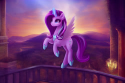 Size: 3072x2048 | Tagged: safe, derpibooru import, editor:siber, generator:purplesmart.ai, generator:stable diffusion, machine learning generated, starlight glimmer, alicorn, pony, alicornified, female, flying, hoof shoes, jewelry, magic, mare, mountain, nature, princess starlight glimmer, race swap, regalia, scenery, smiling, solo, starlicorn, sunrise, sunset, valley, wings