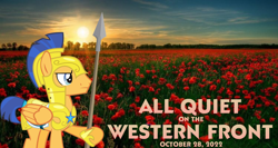 Size: 2064x1101 | Tagged: safe, artist:not-yet-a-brony, derpibooru import, flash sentry, pegasus, pony, 2022, all quiet on the western front, armor, belgium, erich maria remarque, flanders fields, flower, male, movie reference, october, poppy, spear, stallion, sunset, weapon, world war i, youtube link in the description