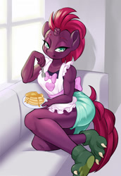 Size: 1080x1571 | Tagged: safe, artist:dstears, derpibooru import, fizzlepop berrytwist, tempest shadow, anthro, unicorn, apron, breasts, clothes, cute, eating, eye scar, eyebrows, facial scar, female, food, looking at you, mare, muscles, muscular female, pancakes, scar, shorts, sitting, solo, tempest pillows, tempestbetes