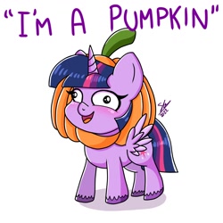 Size: 1280x1280 | Tagged: safe, artist:galaxy swirl, derpibooru import, twilight sparkle, twilight sparkle (alicorn), alicorn, pony, derp face, pumpkin, simple background, solo, text, unshorn fetlocks, white background