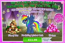 Size: 1961x1297 | Tagged: safe, derpibooru import, evil pie hater dash, rainbow dash, pegasus, pony, secrets and pies, advertisement, costs real money, english, fangs, female, food, gameloft, gem, mare, numbers, official, pie, sale, solo, solo focus, spread wings, tent, text, wings