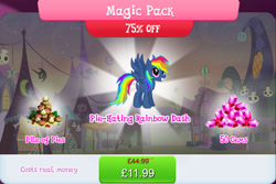 Size: 1272x852 | Tagged: safe, derpibooru import, evil pie hater dash, rainbow dash, pegasus, pony, secrets and pies, bundle, costs real money, english, fangs, female, food, gameloft, gem, mare, numbers, official, pie, sale, solo, solo focus, spread wings, tent, text, wings