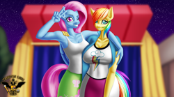 Size: 7680x4260 | Tagged: safe, artist:tsaritsaluna, derpibooru import, fluttershy, rainbow dash, anthro, pegasus, alternate hairstyle, breasts, clothes, clothes swap, cosplay, costume, duo, duo female, equestria girls outfit, female, grin, hootershy, looking at you, mane swap, mare, mlp fim's twelfth anniversary, night, one eye closed, peace sign, rainboob dash, role reversal, smiling, wink