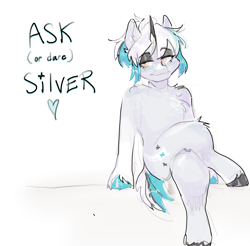 Size: 2414x2379 | Tagged: safe, artist:itssilver, derpibooru import, oc, oc:silver, pony, unicorn, ask, ask or dare, crossed legs, female, mare, sitting, smiling, smirk, solo