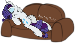 Size: 3239x1858 | Tagged: safe, artist:aquamuro, derpibooru import, rarity, pony, unicorn, blurry background, ear fluff, ears, eyes closed, faint, female, fluffy, gritted teeth, lying down, mare, raised hoof, raised leg, signature, simple background, sketch, sofa, solo, teeth, transparent background