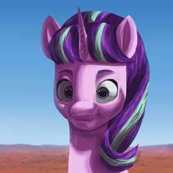 Size: 1280x1280 | Tagged: safe, artist:rollo32, derpibooru import, starlight glimmer, pony, unicorn, blue eyes, blue sky, bust, desert, portrait, purple hair, s5 starlight, smiling, solo