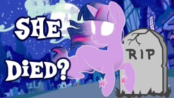 Size: 1280x720 | Tagged: safe, artist:g5mlp, derpibooru import, twilight sparkle, ghost, ghost pony, undead, arrow, clickbait, grave, implied death, moon, question mark, rest in peace, youtube thumbnail