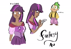 Size: 2065x1425 | Tagged: safe, artist:thechaoticboop, derpibooru import, spike, twilight sparkle, human, clothes, dark skin, dress, ear piercing, earring, fantasy, humanized, jewelry, pants, piercing, shirt, shoes, simple background, suspenders, white background