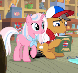 Size: 800x757 | Tagged: safe, derpibooru import, screencap, clear sky, quibble pants, earth pony, pegasus, pony, common ground, animated, baseball cap, book, cap, clothes, cropped, female, gif, hat, kissing, male, mare, nose wrinkle, nuzzling, quibblesky, shipping, shirt, stallion, straight, talking