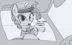 Size: 2743x1725 | Tagged: safe, artist:vultraz, derpibooru import, ponerpics import, pinkie pie, earth pony, pony, bipedal, bipedal leaning, car, clothes, dialogue, female, hat, leaning, looking at you, mare, monochrome, necktie, open mouth, pinktober, police, police hat, police officer, police uniform, shirt, solo, talking, talking to viewer, text