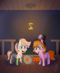 Size: 1000x1200 | Tagged: safe, artist:ermecg, derpibooru import, oc, oc only, pegasus, pony, unicorn, duo, duo male and female, female, filly, foal, halloween, holiday, magic, magic aura, male, nightmare night, simple background, smiling, telekinesis