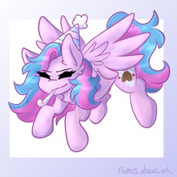 Size: 1080x1080 | Tagged: safe, artist:flutterpawss, derpibooru import, oc, oc only, oc:flutters, pegasus, pony, abstract background, eyes closed, female, hat, mare, party hat, party horn, pegasus oc, smiling, solo