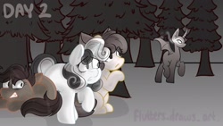 Size: 1920x1080 | Tagged: safe, artist:flutterpawss, derpibooru import, apple bloom, scootaloo, sweetie belle, earth pony, pegasus, pony, unicorn, cutie mark crusaders, female, filly, foal, forest, inktober 2022, outdoors, scared