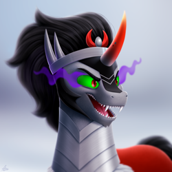 Size: 1000x1000 | Tagged: safe, artist:luminousdazzle, derpibooru import, king sombra, unicorn, friendship is magic, g4, armor, bust, eye mist, fangs, male, semi-realistic, sharp teeth, solo, stallion, teeth