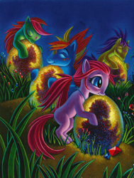 Size: 2480x3280 | Tagged: safe, artist:mary jane begin, derpibooru import, earth pony, pony, g4, blue topaz, colt, cuddling, cute, dragon egg, egg, female, filly, foal, group, high res, male, ruby redheart, the dragons on dazzle island, unnamed character, unnamed pony