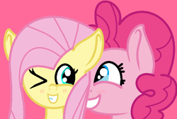 Size: 661x445 | Tagged: safe, artist:jadeharmony, artist:starlight12012003, derpibooru import, fluttershy, pinkie pie, earth pony, pegasus, pony, base used, duo, female, flutterpie, grin, lesbian, one eye closed, pink background, shipping, simple background, smiling, wink