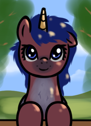 Size: 284x392 | Tagged: safe, artist:neuro, derpibooru import, oc, oc only, pony, unicorn, bust, colored horn, female, horn, looking at you, mare, pale belly, smiling, smiling at you, solo