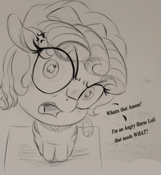 Size: 1500x1635 | Tagged: safe, artist:2fat2fly, derpibooru import, cozy glow, pegasus, pony, angry, cross-popping veins, dialogue, doodle, emanata, eye clipping through hair, female, filly, foal, looking at you, looking up, looking up at you, monochrome, open mouth, sitting