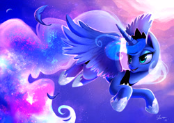 Size: 4334x3064 | Tagged: safe, artist:shira-hedgie, derpibooru import, princess luna, alicorn, pony, 2016, bedroom eyes, cute, feather, female, flying, glowing mane, happy, high res, lidded eyes, looking back, lunabetes, mare, night, old art, open mouth, sky, smiling, solo, sparkles, stars