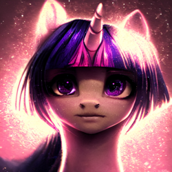 Size: 1024x1024 | Tagged: safe, artist:hawkeyethree, derpibooru import, generator:stable diffusion, machine learning generated, twilight sparkle, backlighting, bust, female, grainy, horn, looking at you, mare, portrait, solo, uncanny valley