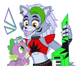 Size: 2300x1987 | Tagged: safe, artist:ponygamer2020, derpibooru import, spike, dragon, wolf, absurd resolution, animatronic, base used, choker, coat markings, crossover, cute, duo, ear piercing, earring, female, five nights at freddy's, five nights at freddy's: security breach, jewelry, keytar, male, musical instrument, open mouth, petting, piercing, roxanne wolf, simple background, spikabetes, spiked choker, spiked wristband, spikelove, transparent background, vector, vector used, winged spike, wings, wristband