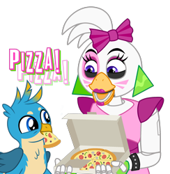 Size: 2000x2050 | Tagged: safe, artist:ponygamer2020, derpibooru import, gallus, bird, chicken, griffon, robot, rooster, animatronic, base used, bigender, bigender pride flag, bisexual pride flag, bow, chica, crossover, cute, duo, ear piercing, earring, eating, face paint, female, five nights at freddy's, five nights at freddy's: security breach, food, gallabetes, gallus the rooster, glamrock chica, hair bow, jewelry, male, nom, open mouth, piercing, pizza, pizza box, pride, pride flag, simple background, spiked wristband, transparent background, vector, vector used, wings, wristband